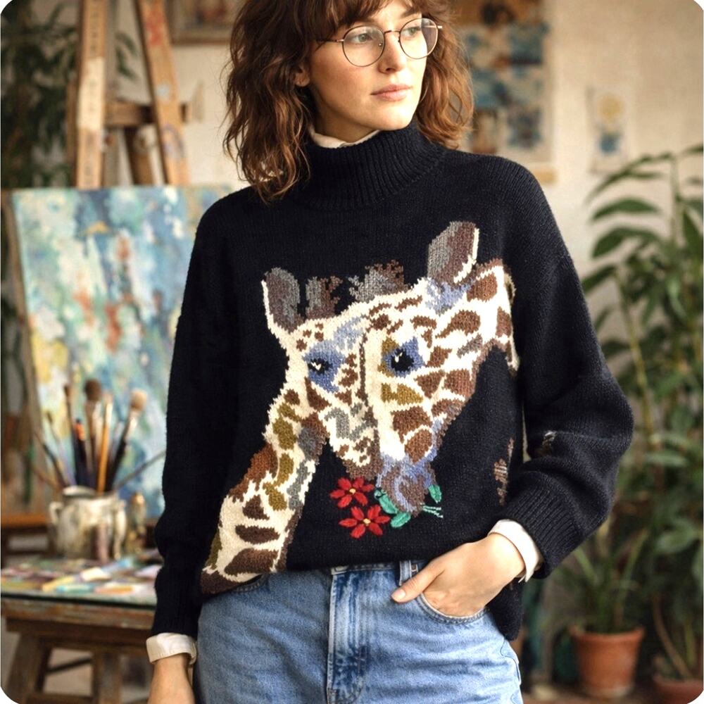 Vtg Roberta Frost Sz L Hnd Knit 100% Virgin Wool Giraffe Wearable Art LS Sweater